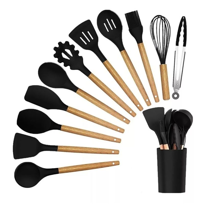 KITCHEN - Set De Utensilios De Cocina 12 Piezas En Silicona Negro.