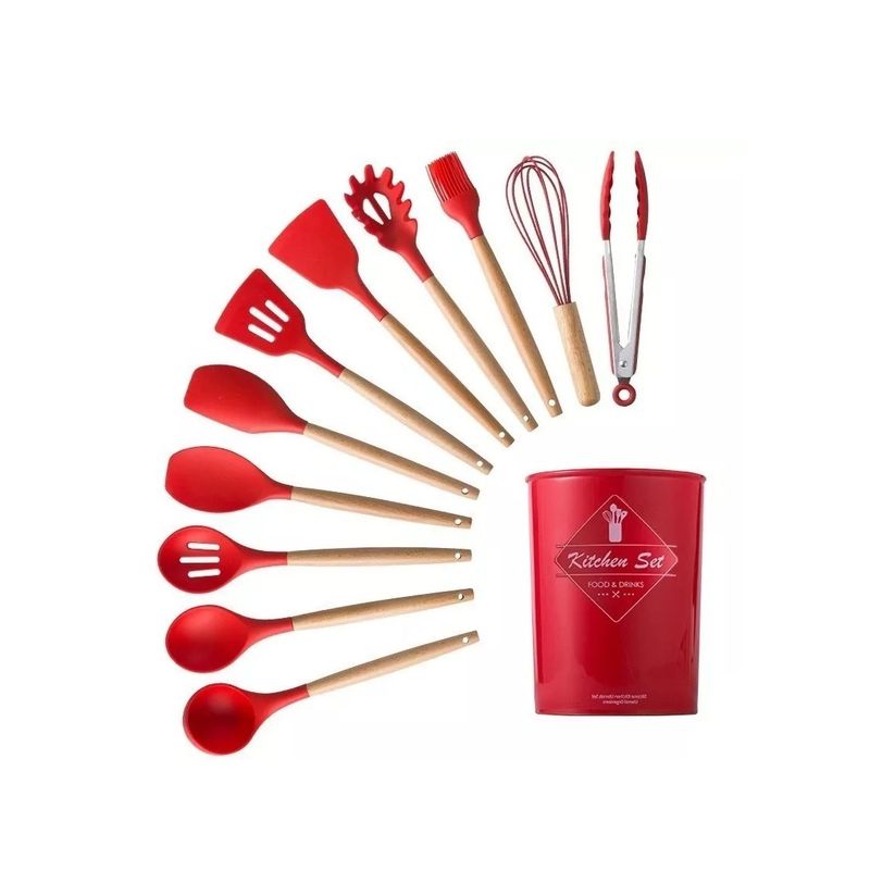 KITCHEN - Set De Utensilios De Cocina 12 Piezas En Silicona Rojo.