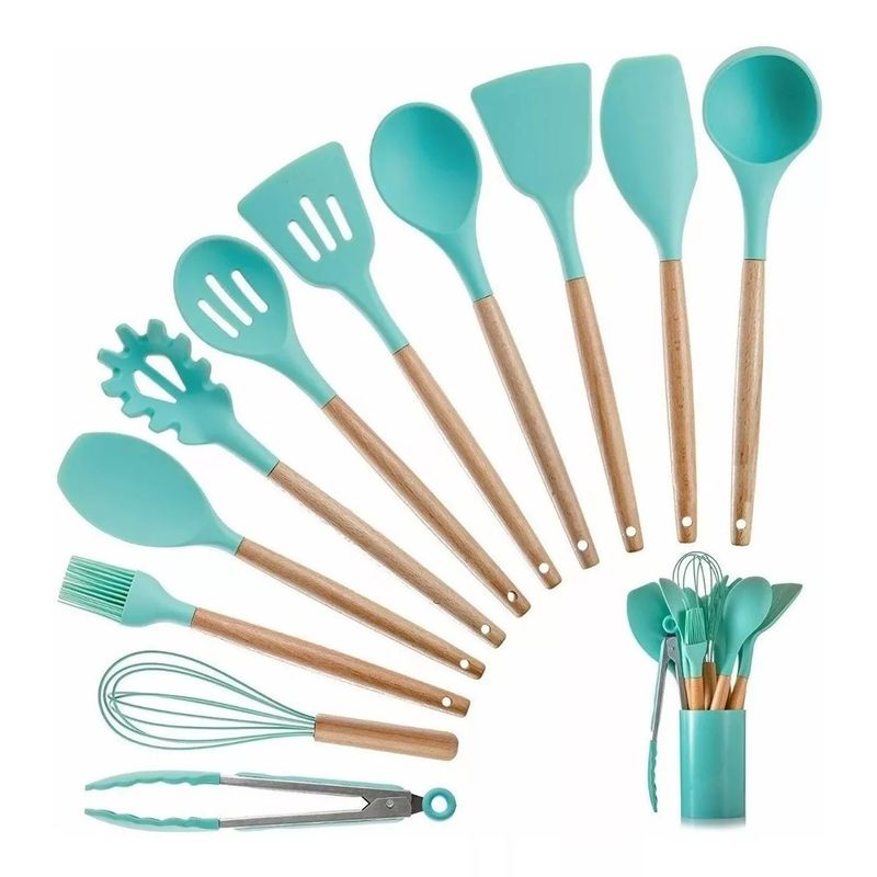 KITCHEN - Set De Utensilios De Cocina 12 Piezas En Silicona Verde Menta.
