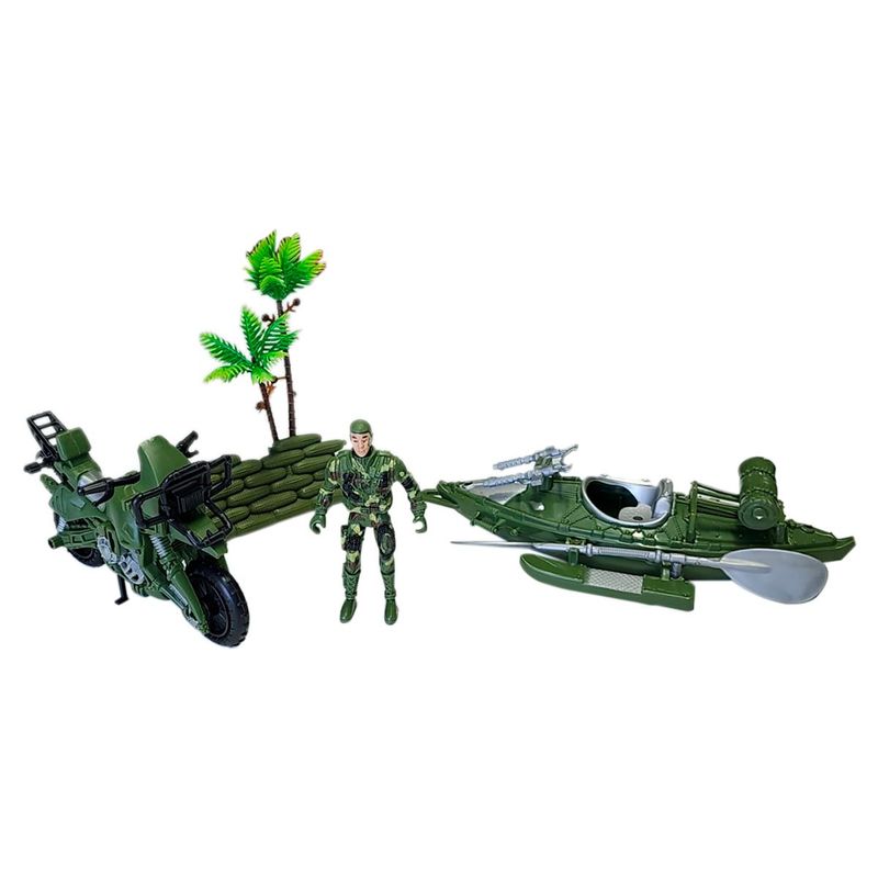 GENERICO - Set Militar Muñeco  Moto  Lancha  Acce Ejército Camuflado