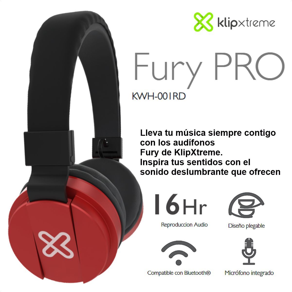 KLIP XTREME - Audífonos Diadema Inalámbrica Bt Klip Xtreme Fury Pro Rojo