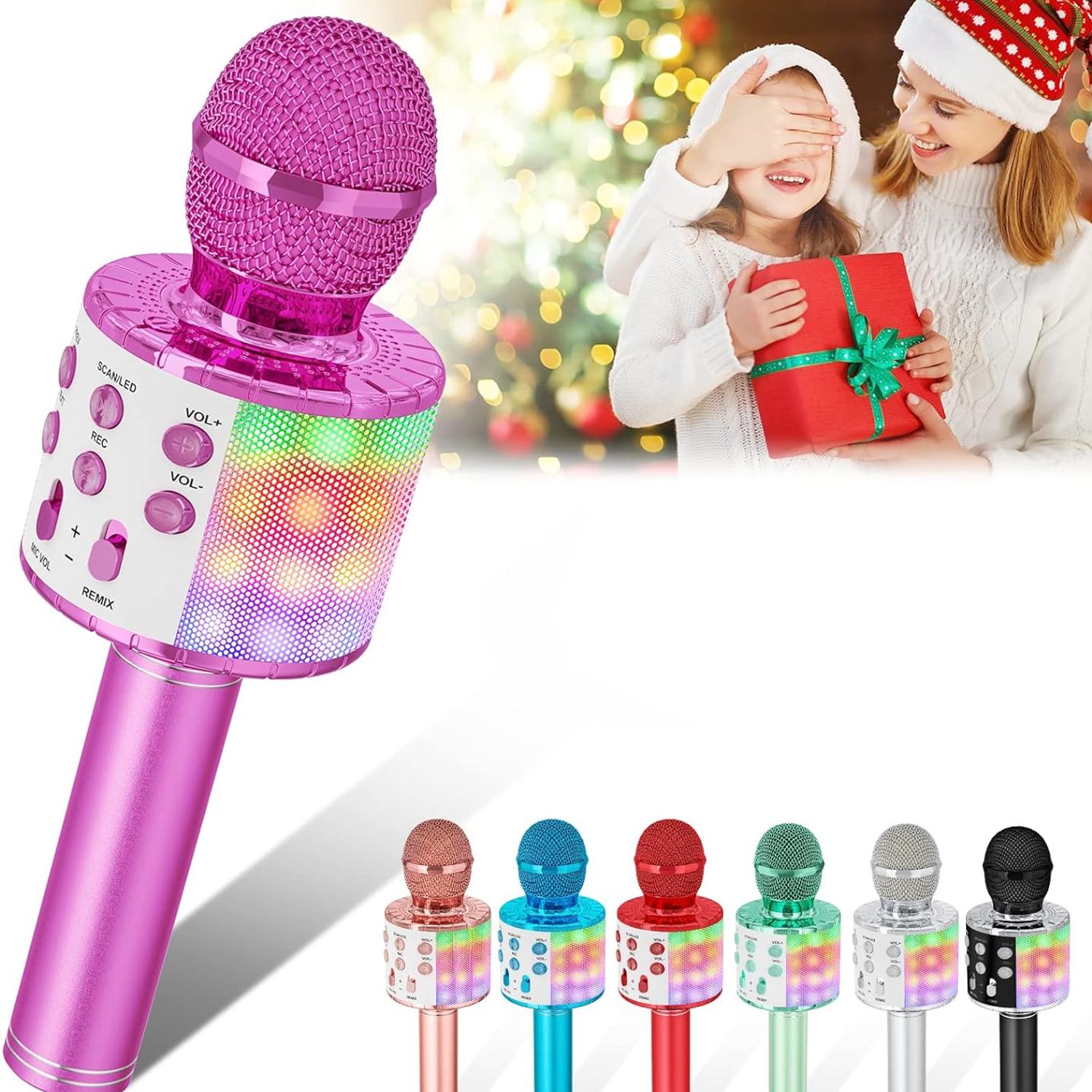 Set De 2 Micrófonos Inalámbricos Con Altavoz Bluetooth Y Luces LED – Karaoke Portátil Para Niños Y Adultos (Rosa)