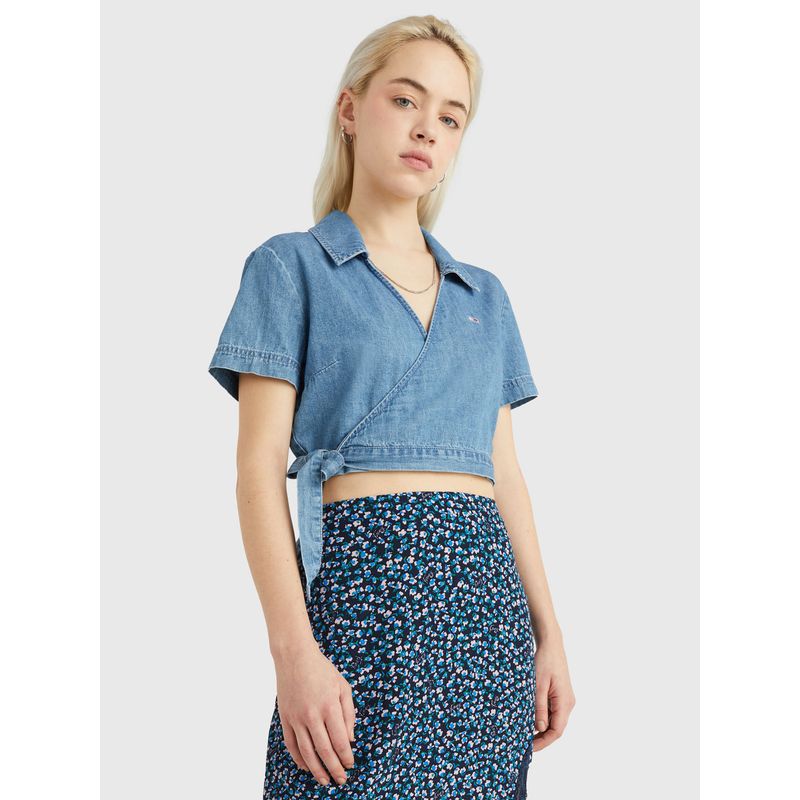 TOMMY HILFIGER - Camisa Cruzada De Manga Corta Y Corte Cropped Mujer Azul Tommy Jeans