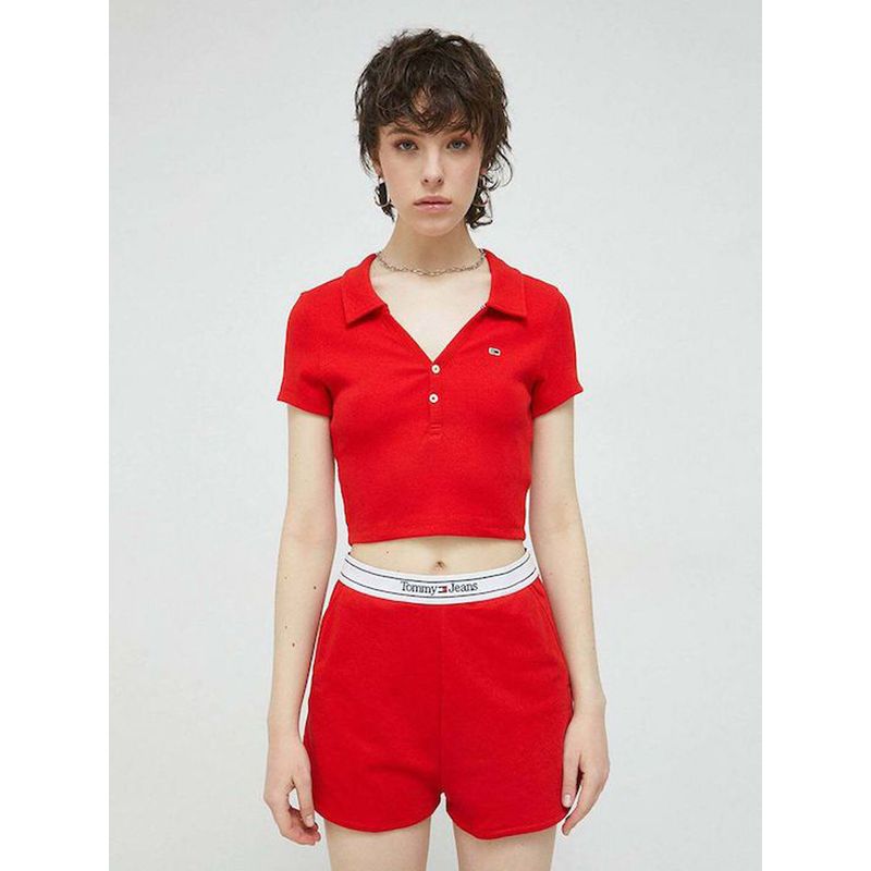 TOMMY HILFIGER - TCrop Top Rojo con Logo Bordado Para Mujer