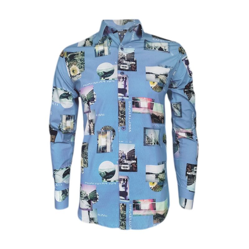 SON DOS - Camisa azul claro stretch estampada manga larga slim hombre