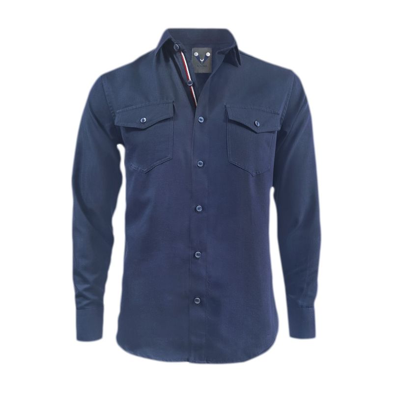 SON DOS - Camisa denim azul con bolsillos manga larga slim para hombre