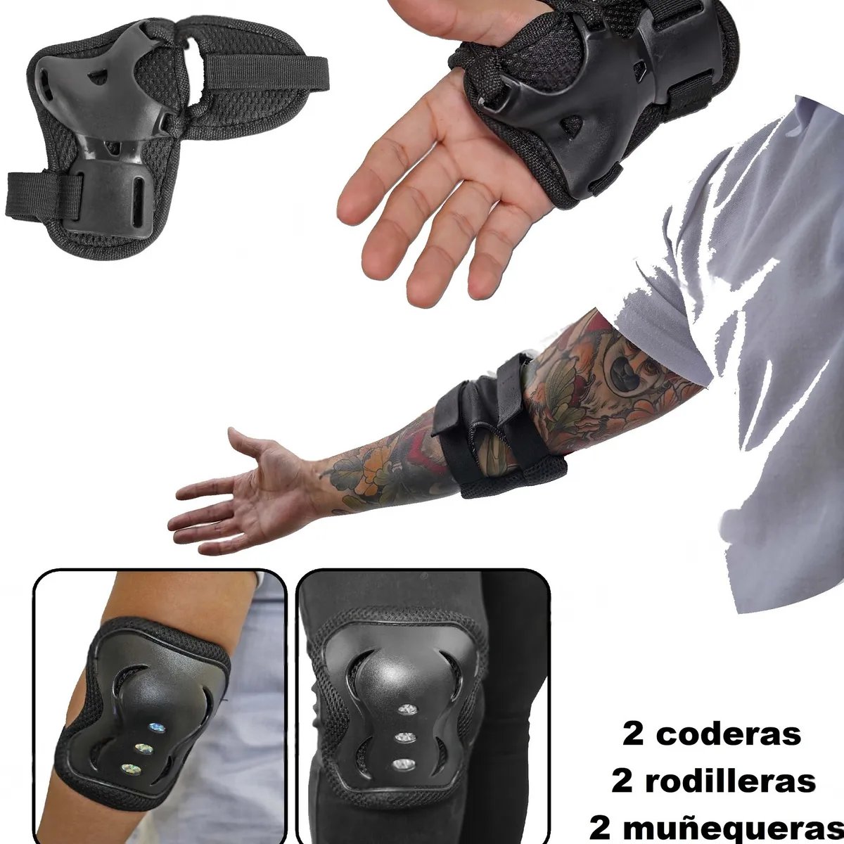 WONDER SPORT - Kit De Protección Patinaje Adulto Rodilleras Coderas y Muñequera Negro