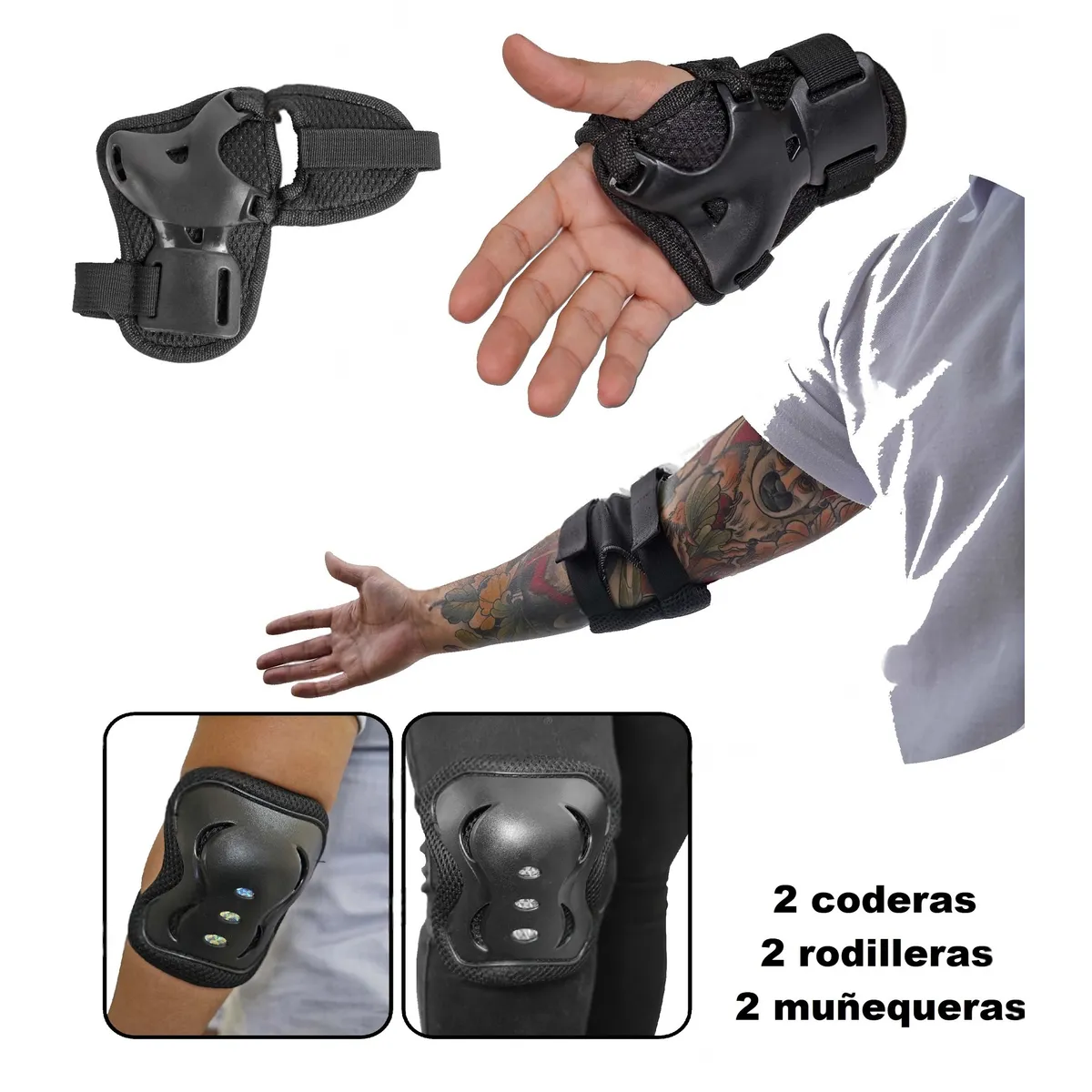 WONDER SPORT - Kit De Protección Patinaje Adulto Rodilleras Coderas y Muñequera Negro