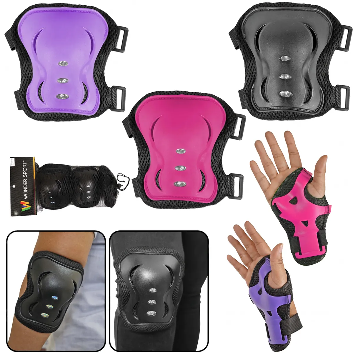 WONDER SPORT - Kit De Protección Patinaje Adulto Rodilleras Coderas y Muñequera Negro