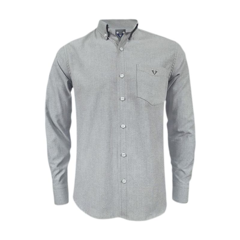SON DOS - Camisa en oxford gris con bolsillo manga larga slim hombre