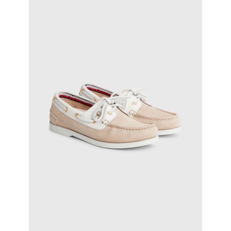 TOMMY HILFIGER - Mocasines Náuticos De Cuero Con Monograma Mujer Beige Tommy Hilfiger