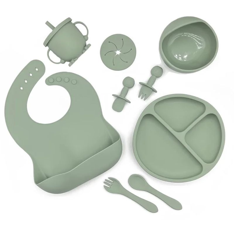 FRAGOLA KIDS - Kit Alimentación Bebe Vajilla Silicona Babero 10 Pzas Verde