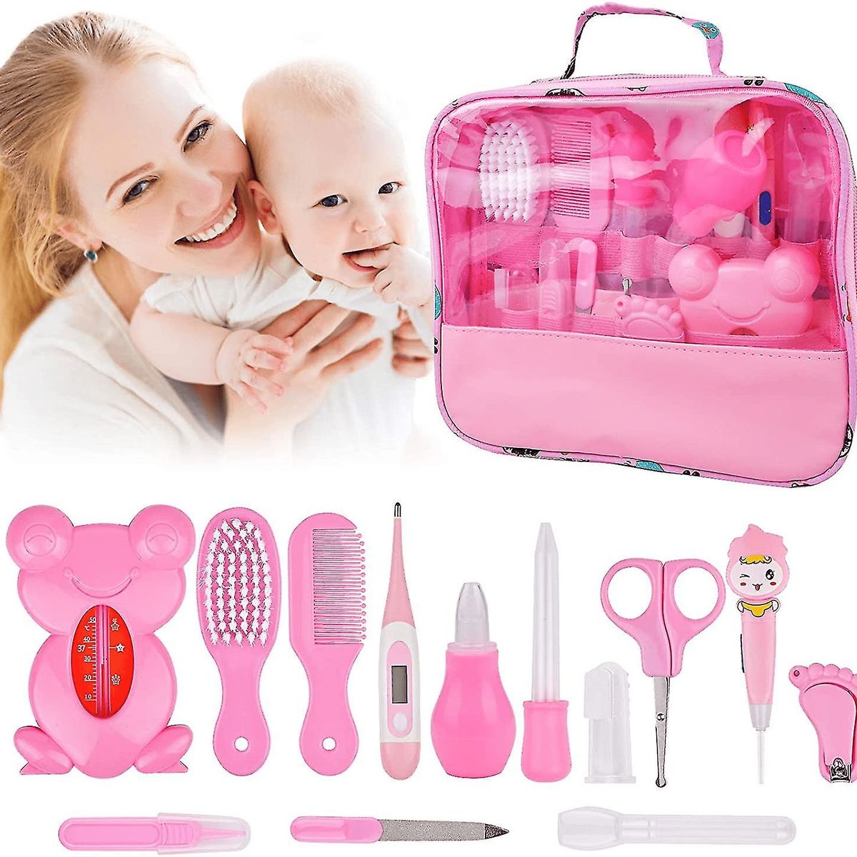 BABY ON - Kit Aseo Cuidado Bebe 13 en 1 Esencial Con Estuche Rosa