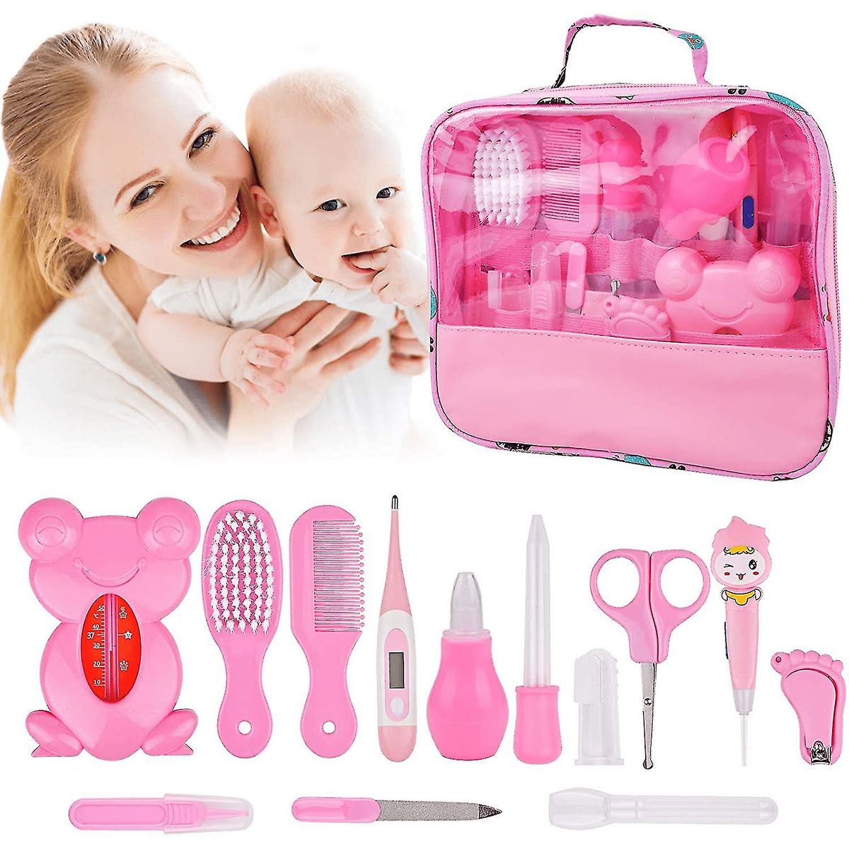 BABY ON - Kit Aseo Cuidado Bebe 13 en 1 Esencial Con Estuche Rosa