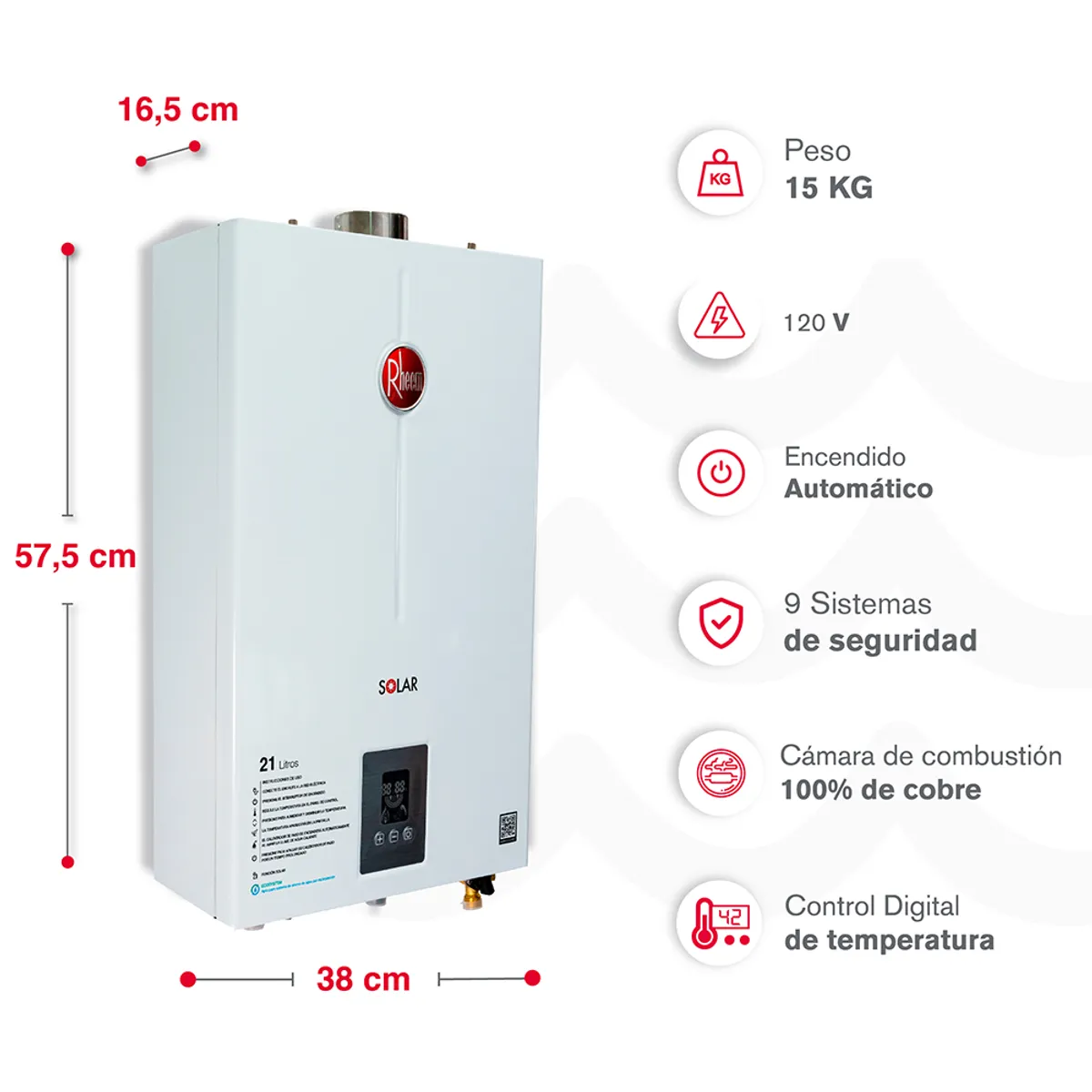 RHEEM - Calentador De Agua 21lt Gas Natural Tiro Forzado Dig Rheem