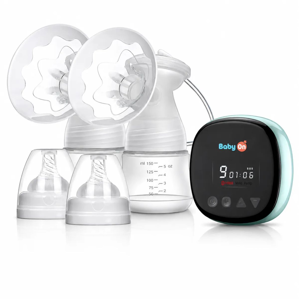 BABY ON - Extractor De Leche Doble Eléctrico Recargable Baby On — 3 Modos 9 Niveles Pantalla LED Sin BPA
