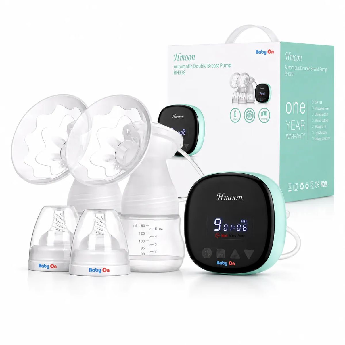 BABY ON - Extractor De Leche Doble Eléctrico Recargable Baby On — 3 Modos 9 Niveles Pantalla LED Sin BPA
