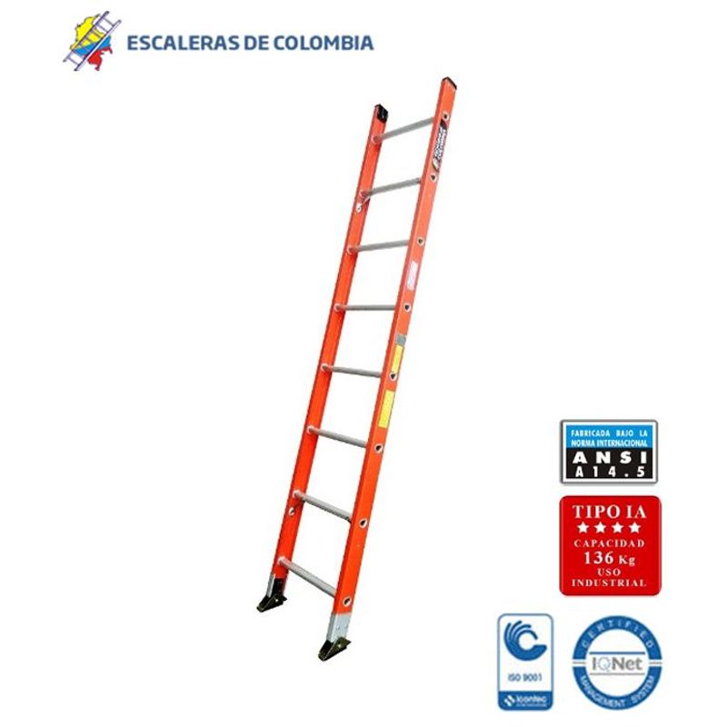 ESCALERAS DE COLOMBIA - Escalera Certificada Tipo Sencilla En Fibra De Vidrio 8 Pasos / 2.40Mts 136kg
