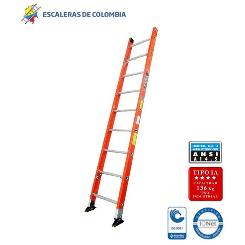 ESCALERAS DE COLOMBIA - Escalera Certificada Tipo Sencilla En Fibra De Vidrio 9 Pasos / 2.70Mts 136kg