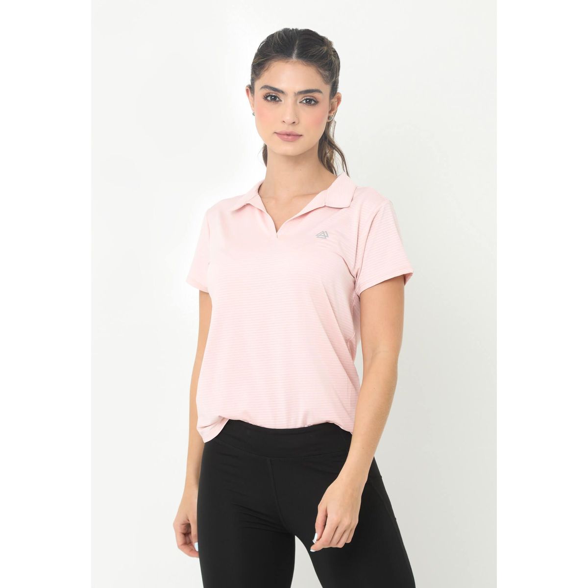 BELIFE - Camiseta Deportiva Rosada Cuello Camisero Y Transfer Reflectivo Para Mujer Belife