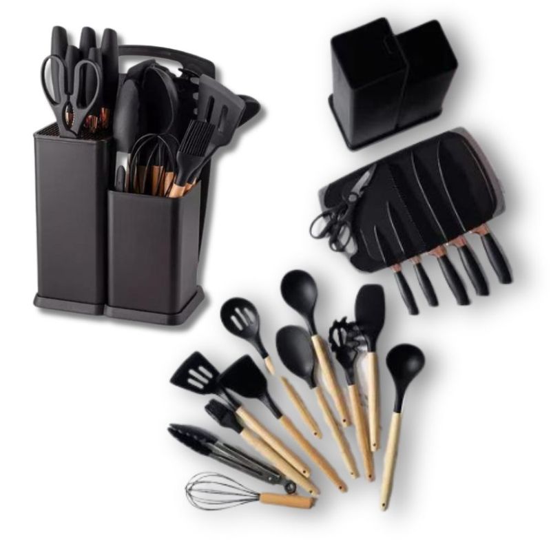 GENERICO - Set De Utensilios De Cocina Silicona Y Cuchillos Tabla 19pcs