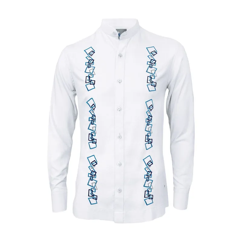 SON DOS - Camisa guayabera lino blanco con bordado azul manga larga