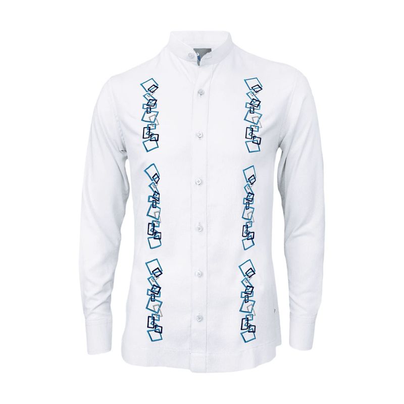 SON DOS - Camisa guayabera lino blanco con bordado azul manga larga