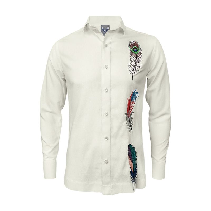 SON DOS - Camisa guayabera lino marfil bordada plumas manga larga
