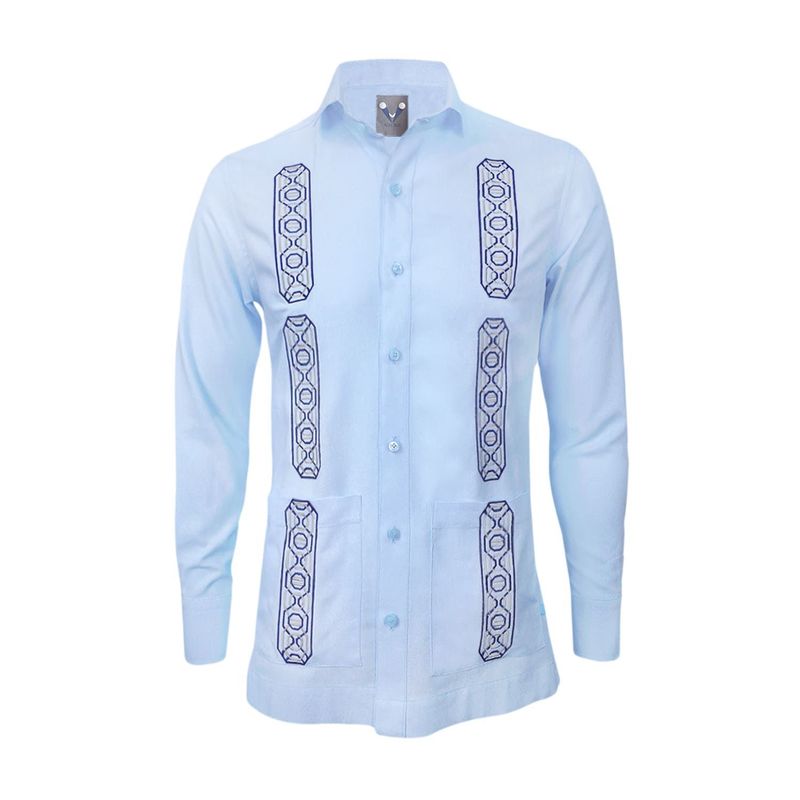 SON DOS - Camisa guayabera lino azul con bolsillos bordada manga larga