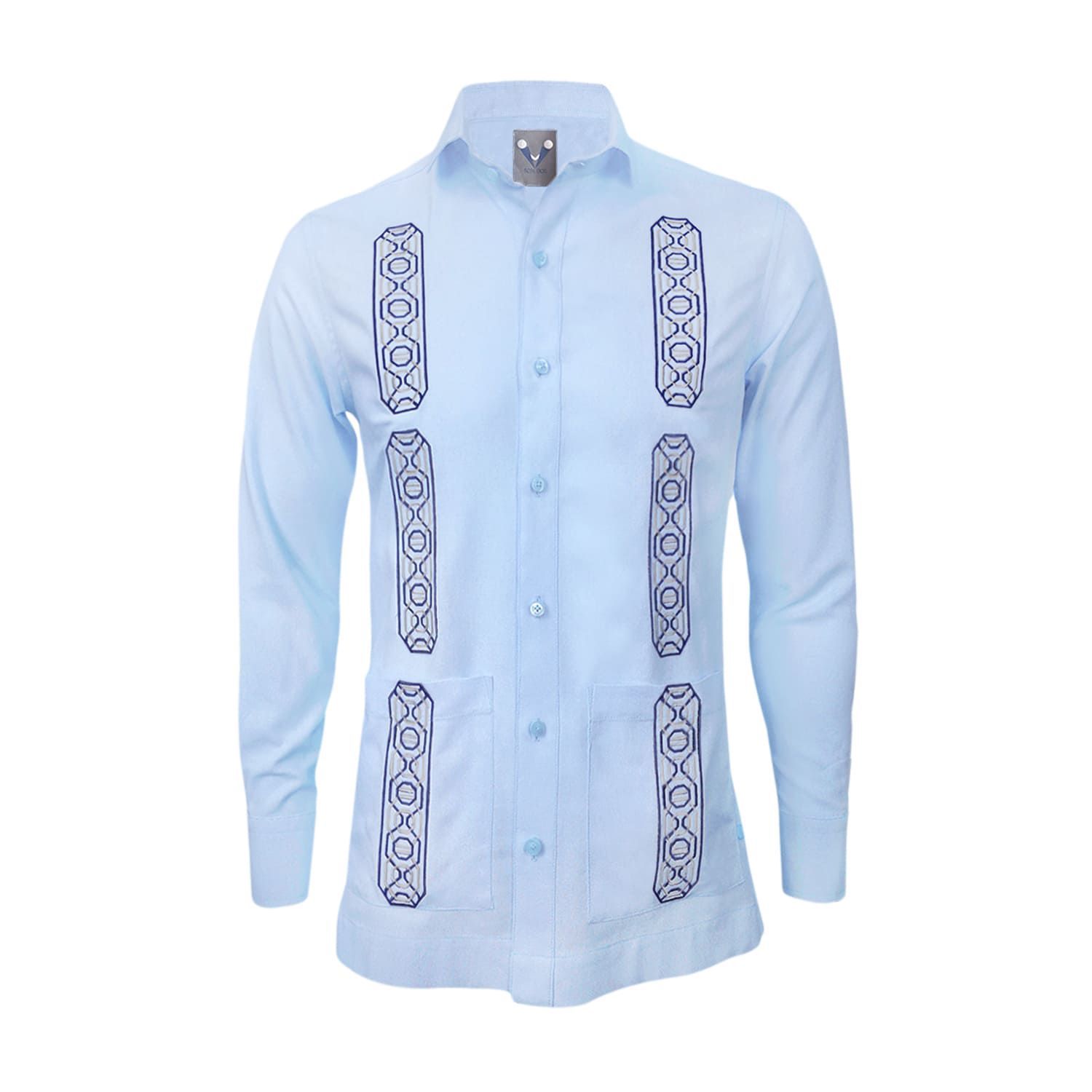 Camisa guayabera lino azul con bolsillos bordada manga larga SON