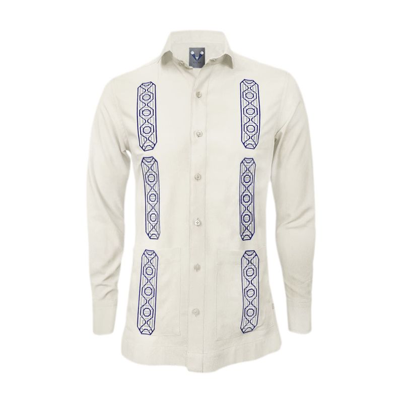 SON DOS - Camisa guayabera lino marfil con bolsillos bordada manga larga