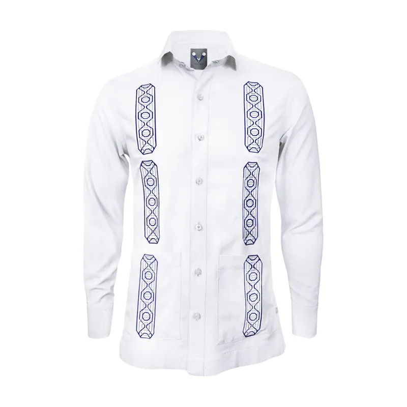 SON DOS - Camisa guayabera lino blanco con bolsillos bordada manga larga