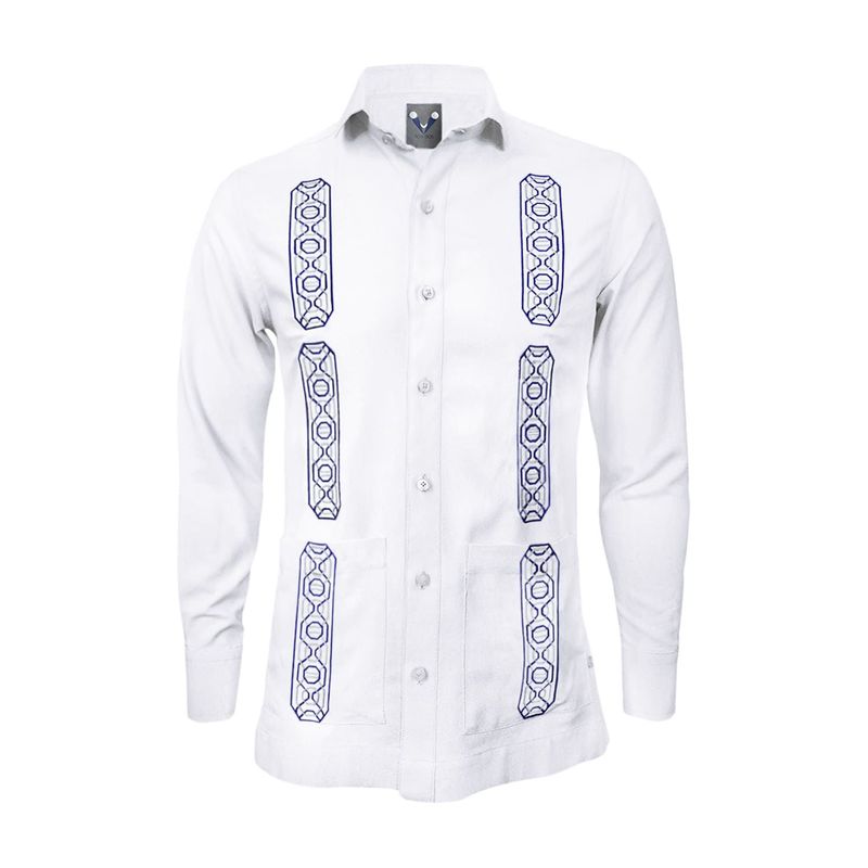 SON DOS - Camisa guayabera lino blanco con bolsillos bordada manga larga