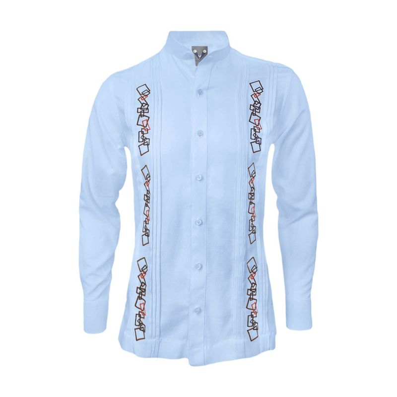 SON DOS - Camisa guayabera lino azul claro alforzas bordada manga larga