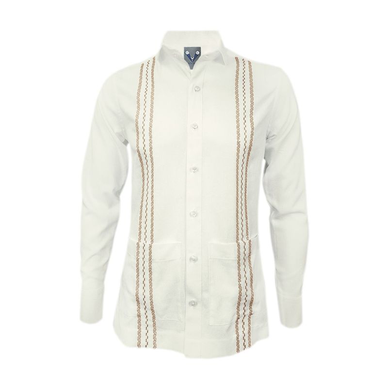 SON DOS - Camisa guayabera lino marfil bolsillos bordada manga larga