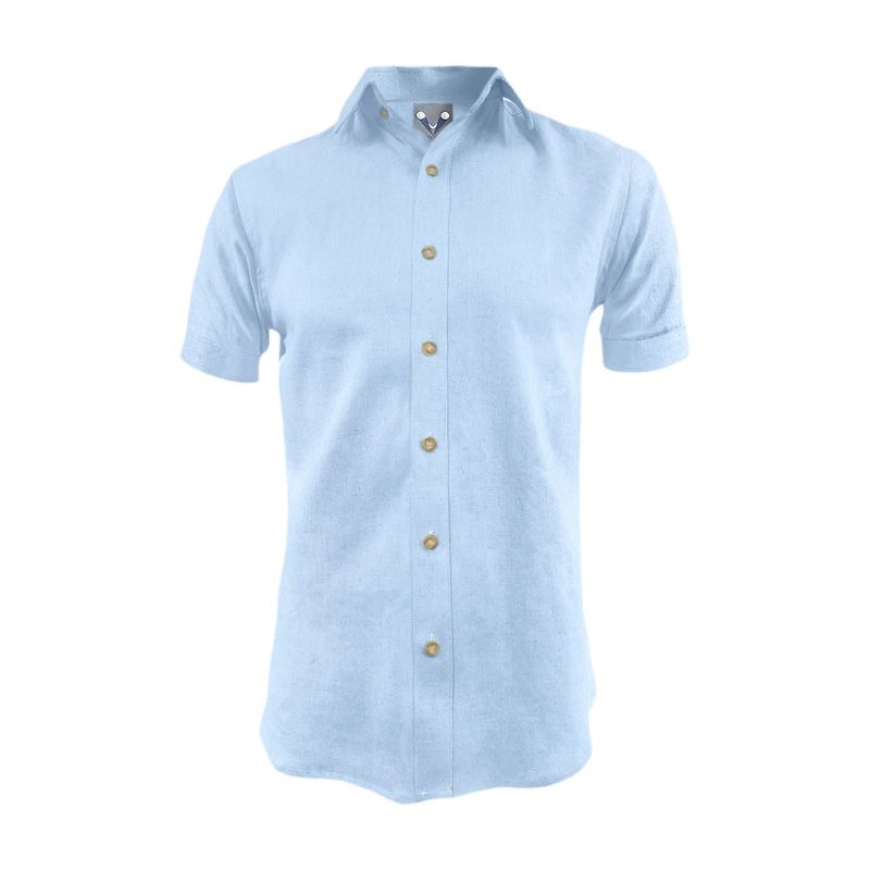 SON DOS - Camisa en lino azul claro casual manga corta slim fit hombre