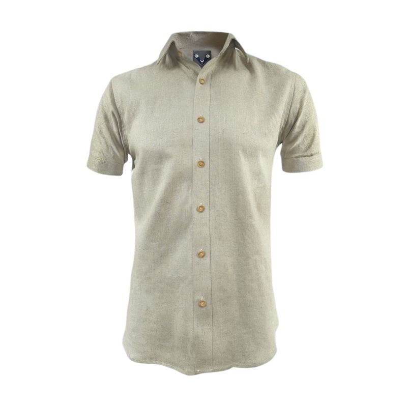 SON DOS - Camisa lino beige casual manga corta con bolsillos hombre