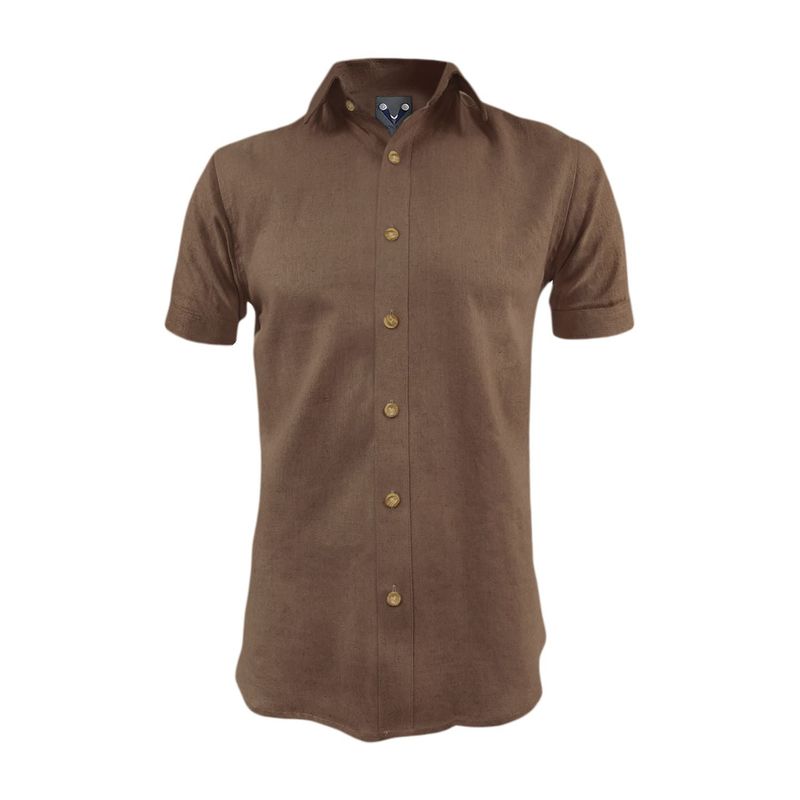 SON DOS - Camisa en lino café casual manga corta slim fit hombre