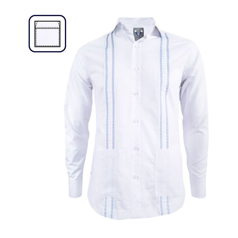 SON DOS - Camisa guayabera blanca bordada azul claro dos bolsillos manga larga