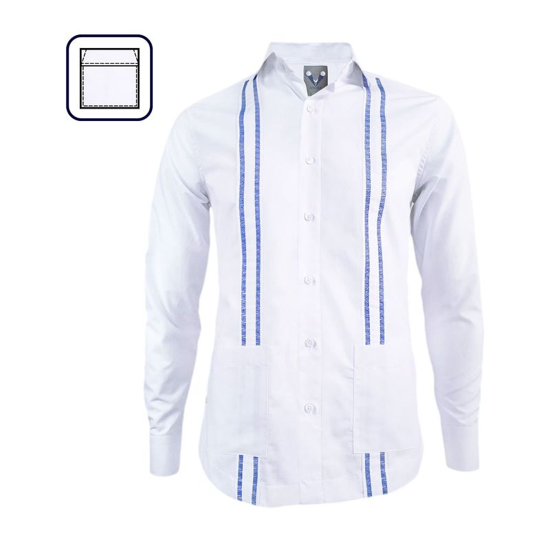 SON DOS - Camisa guayabera blanca bordada azul dos bolsillos manga larga hombre