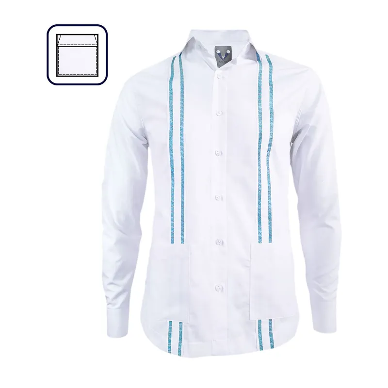 SON DOS - Camisa guayabera blanca bordada azul aguamarina bolsillos manga larga