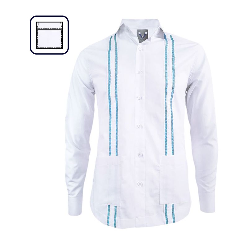 SON DOS - Camisa guayabera blanca bordada azul aguamarina bolsillos manga larga
