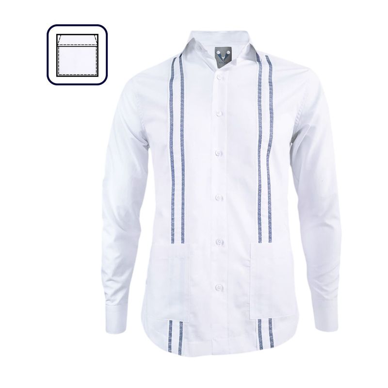 SON DOS - Camisa guayabera blanca bordada azul oscuro dos bolsillos manga larga