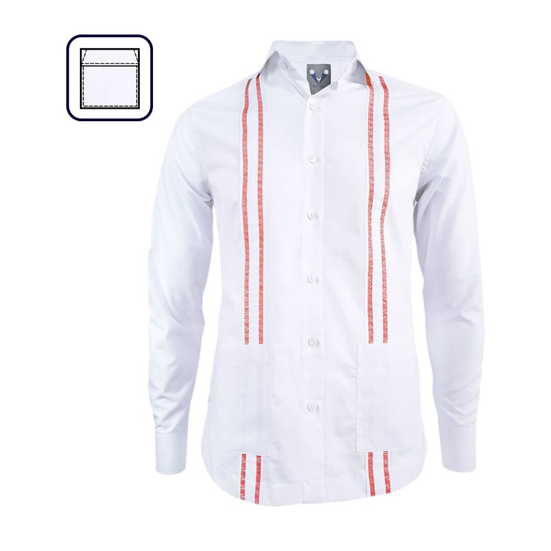 SON DOS - Camisa guayabera blanca bordada rojo dos bolsillos manga larga hombre