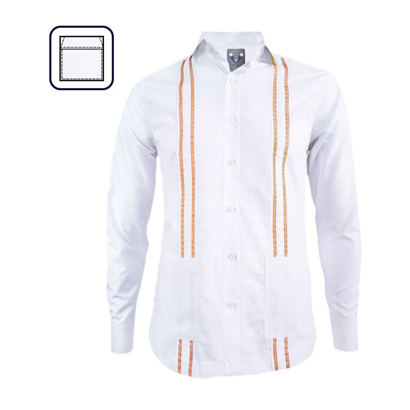 SON DOS - Camisa guayabera blanca bordada naranja dos bolsillos manga larga