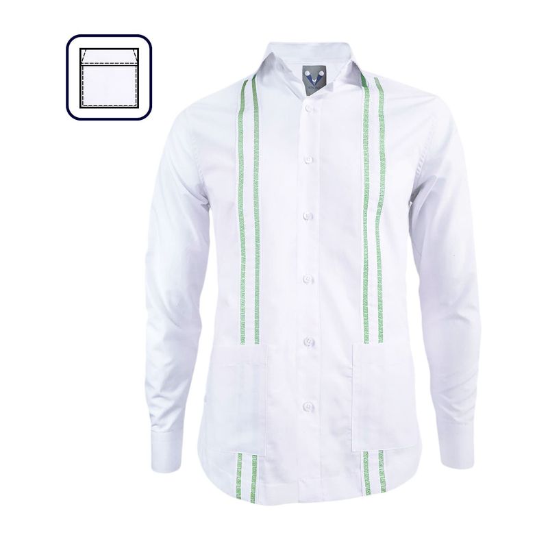 SON DOS - Camisa guayabera blanca bordada verde dos bolsillos manga larga hombre