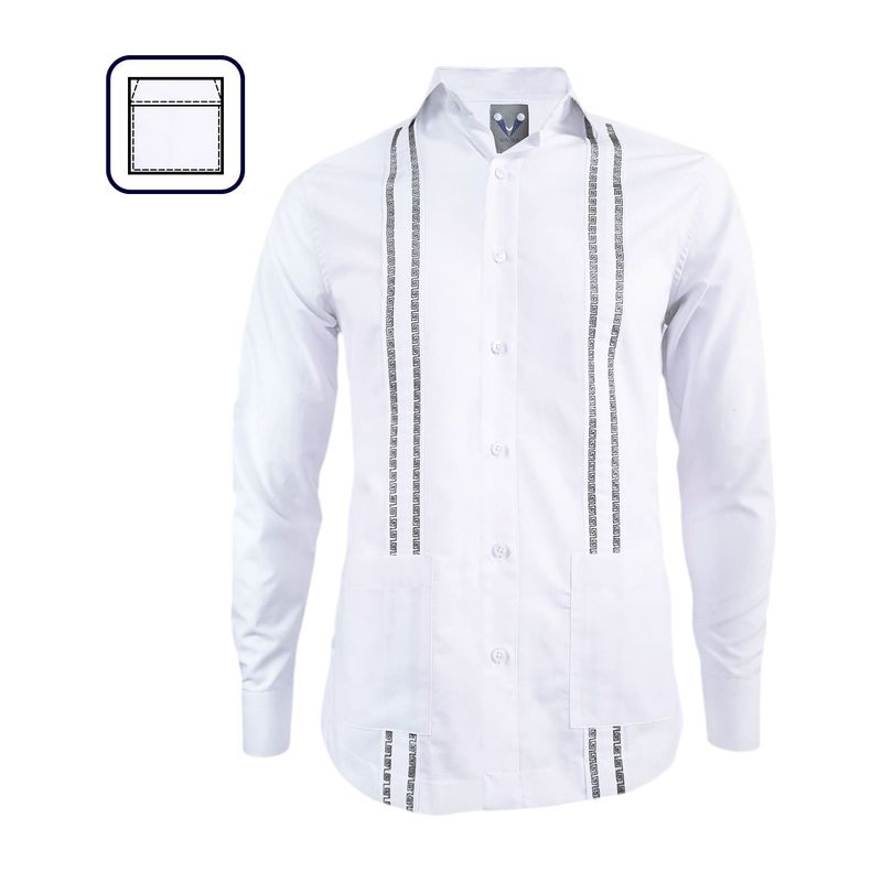 SON DOS - Camisa guayabera blanca bordada negro dos bolsillos manga larga hombre