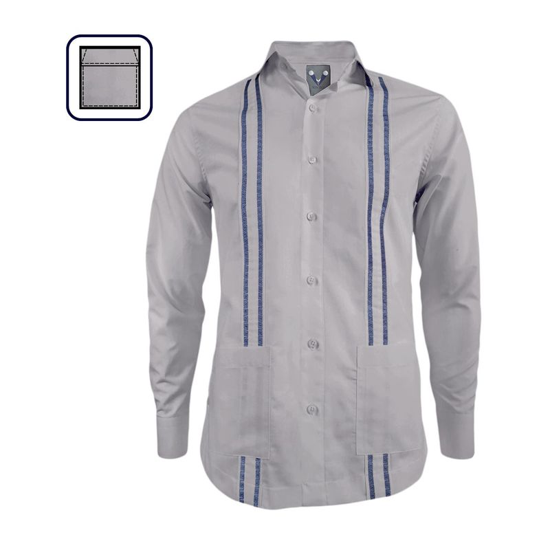 SON DOS - Camisa guayabera gris bordada dos bolsillos manga larga slim hombre
