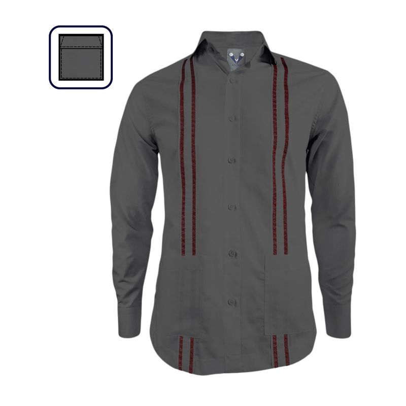 SON DOS - Camisa guayabera ocasión gris oscuro bordada con bolsillos manga larga