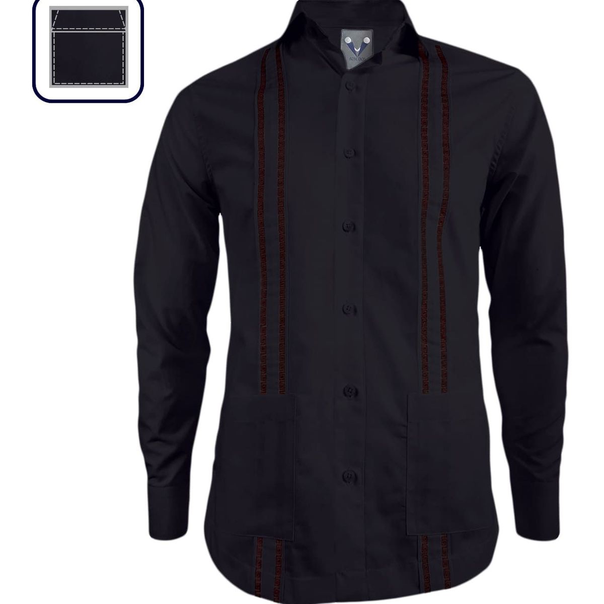 SON DOS - Camisa guayabera en negro bordada con bolsillos manga larga hombre